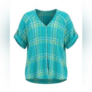 J JILL WOMENS LINEN BLOUSE TURQUOISE WITH STRIPES SIZE L